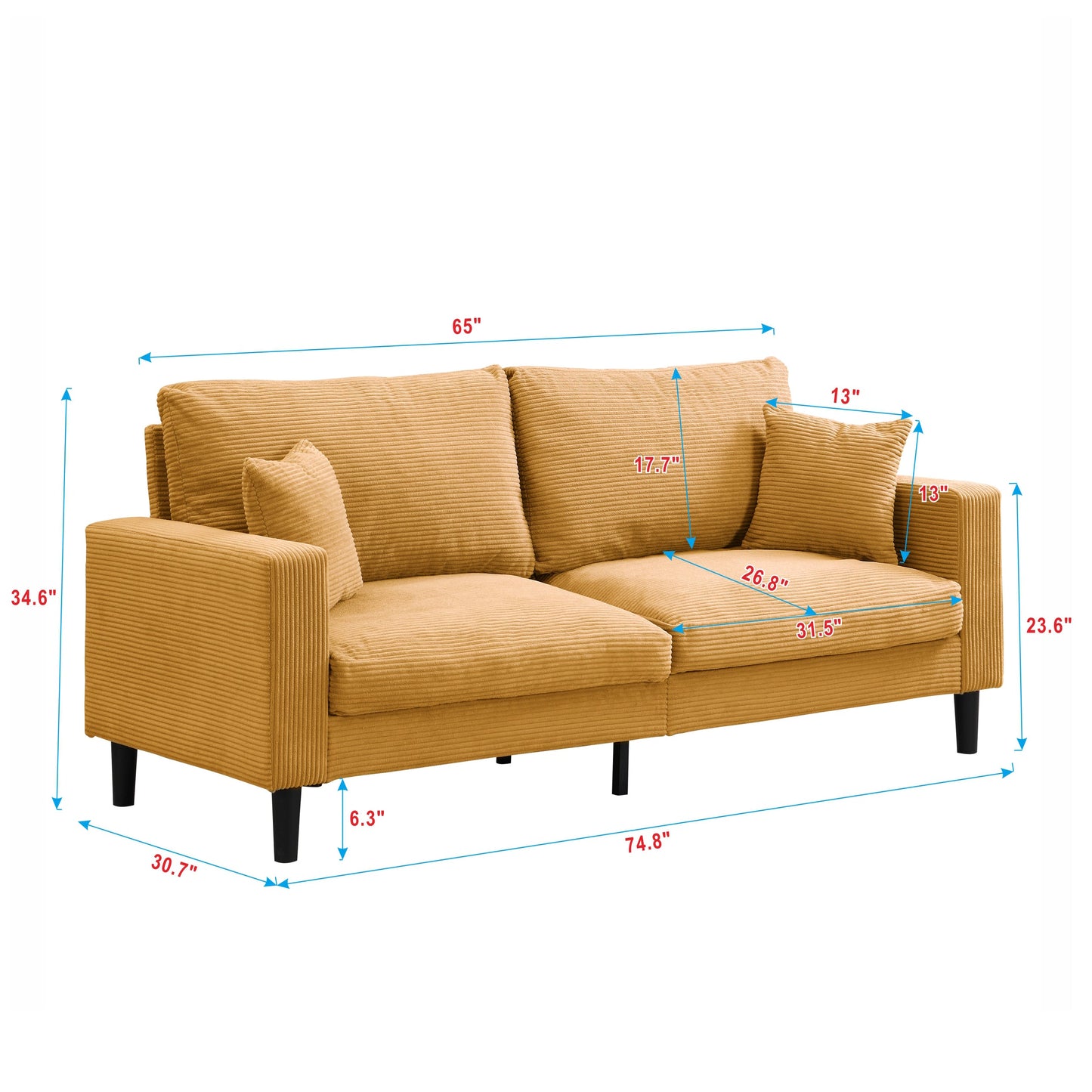 NEW Modern Orange Corduroy Upholstered 3 Seat Sofa