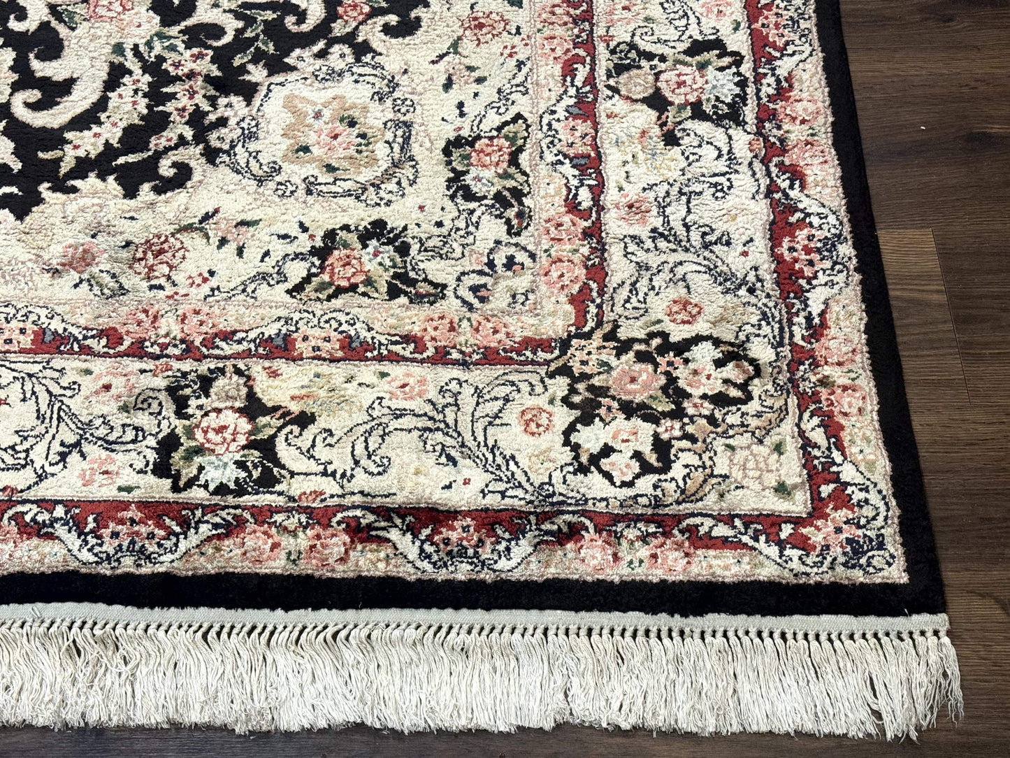 USED Indian Kashmiri Silk Rug, Floral Medallion, Vintage Hand Knotted Carpet
