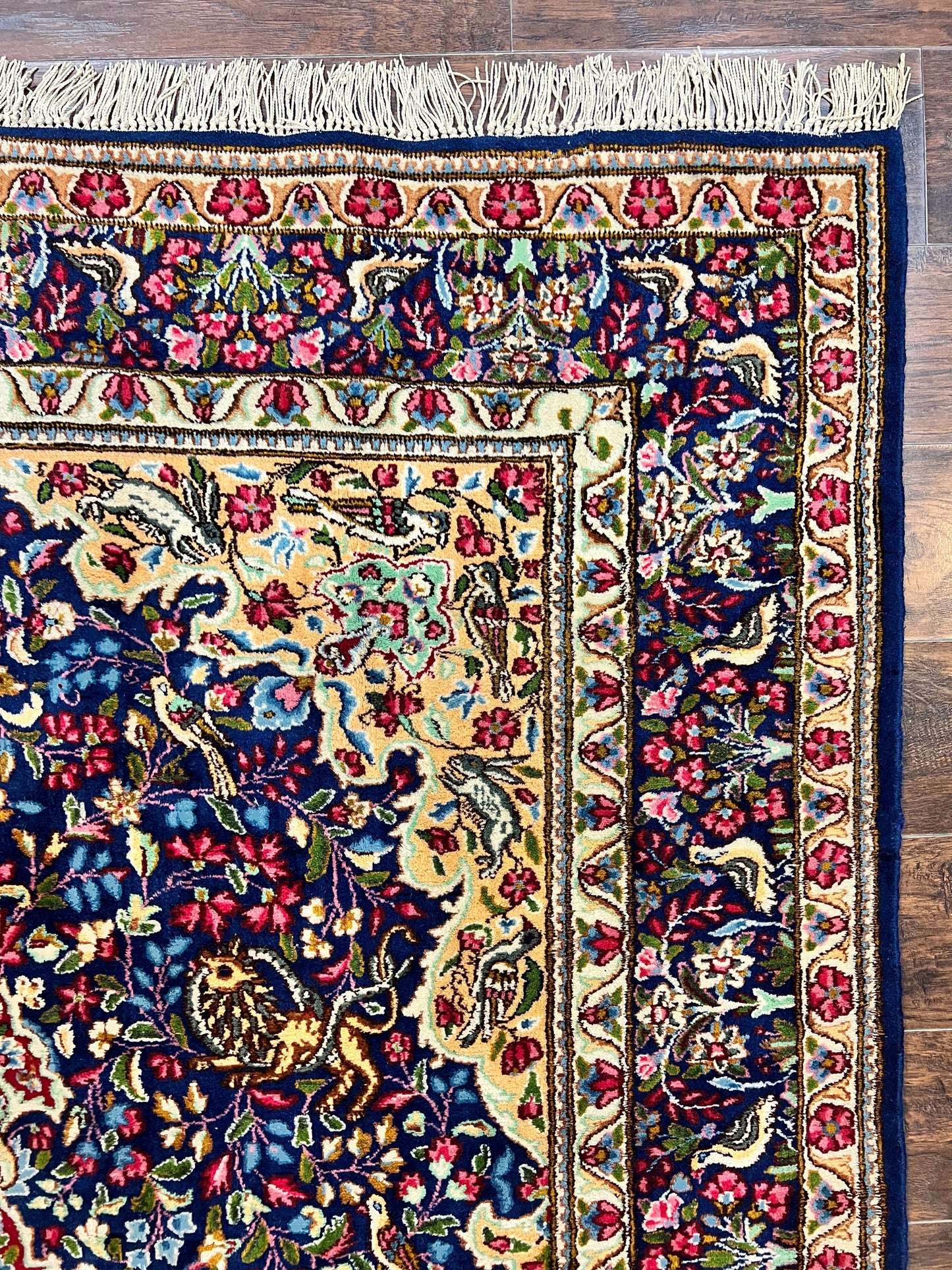 USED Persian Kirman Rug 6x9, Floral Medallion Vintage Wool Handmade Carpet 6 x 9, Animal Pictorials Birds, Semi Antique, Navy Blue, Millefleur
