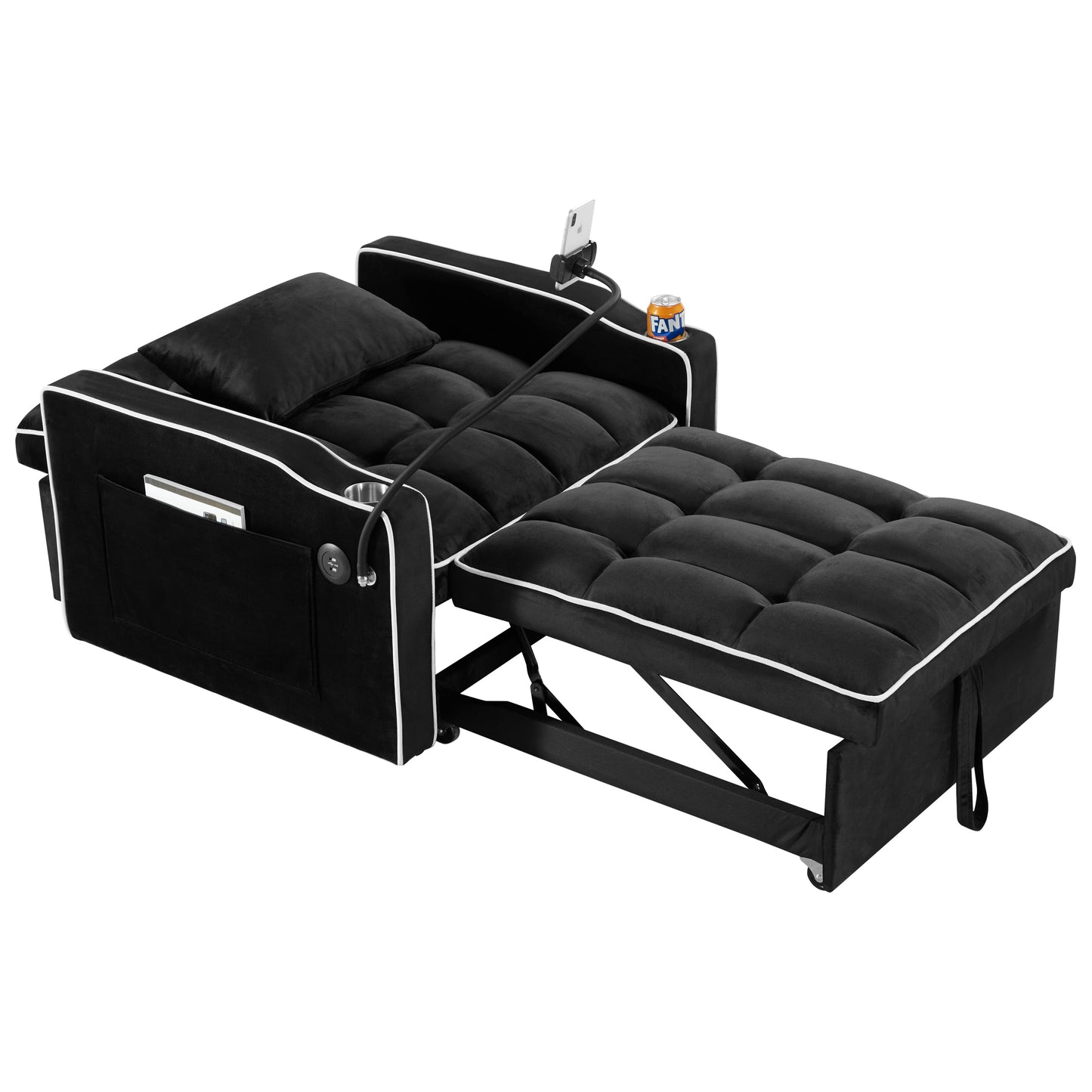 NEW Black Velvet Convertible Adjustable Sleeper Chair Pull Out Sofa Bed with Multi-Pockets