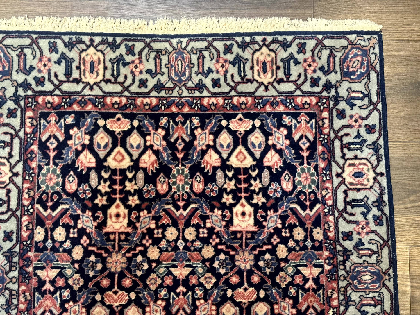 USED Indo Persian Runner Rug 2.8 x 12, Navy Blue, Floral, Fine 270 KPSI