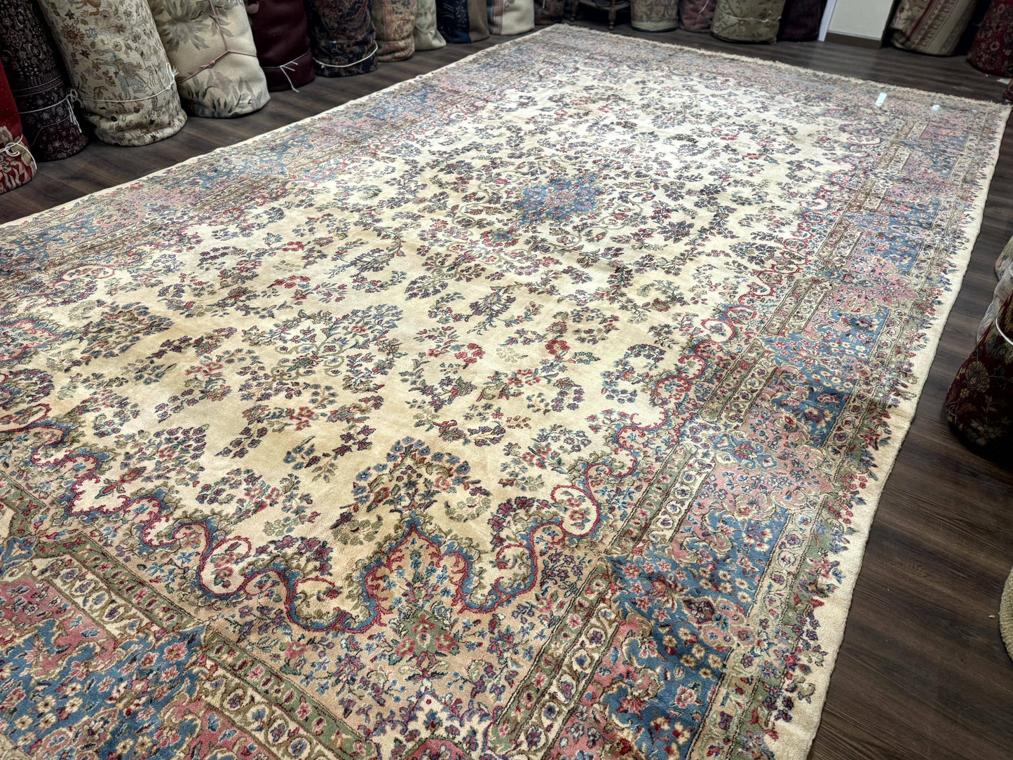 USED Palace Size Persian Kerman Rug 11x20 ft, Very Fine 340 KPSI, Vintage Oversized Wool Handmade Large Persian Carpet, Beige Light Blue Pink