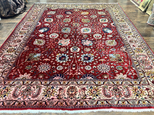 USED Persian Tabriz Rug 10x12, Floral Allover, Handmade Vintage Wool Carpet, Red and Cream