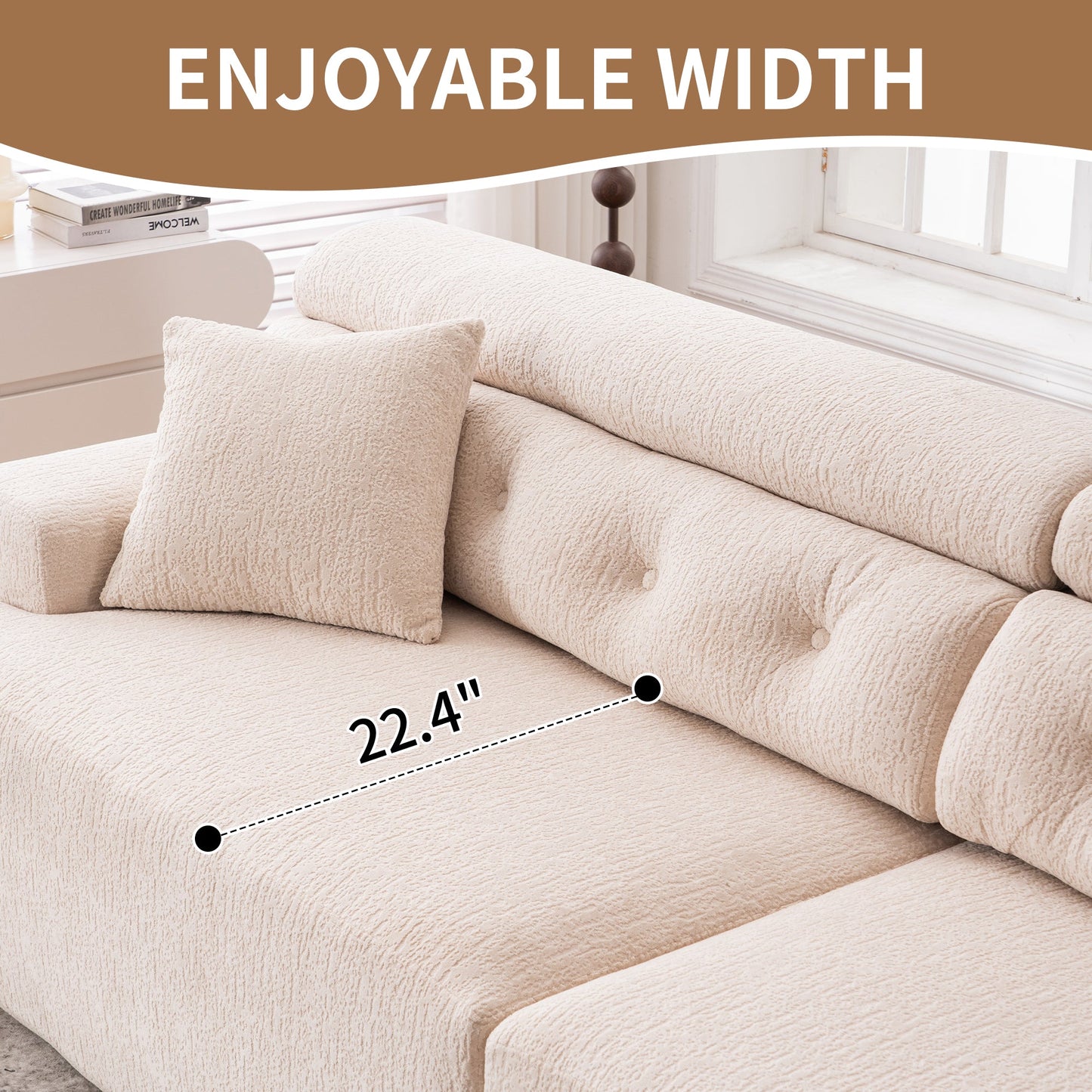 NEW LY-029 Apricot Compression Sofa 4-seater Wood Grain Chenille Fabric Couch with Two Pillows