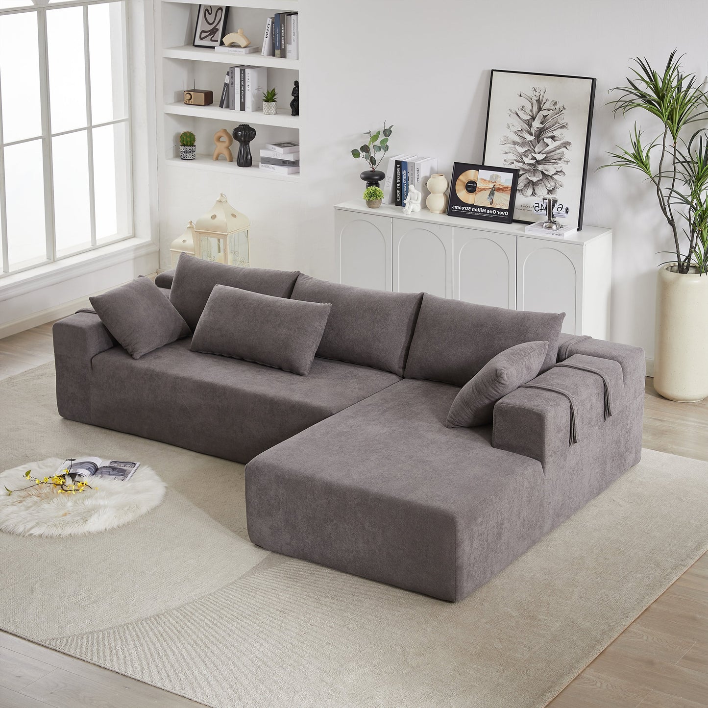 NEW Modern Chenille Upholstered Modular L Shaped Sectional Sofa Couch Set L Shaped Sectional Sofa Couch Set with Six Pillows