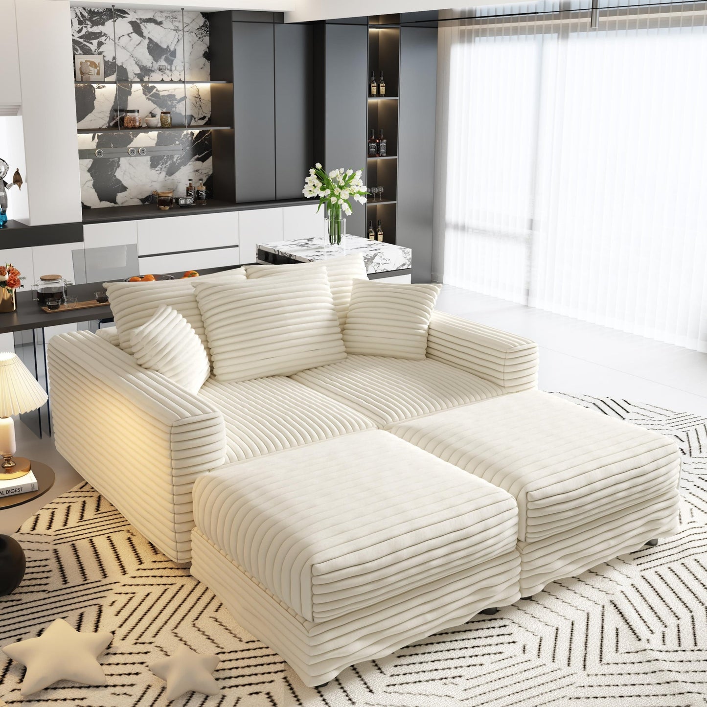 NEW 82.7 ' Plush Corduroy 3-Seat Sofa, Modern Comfy Upholstered Sofa Cloud Couch, Deep Seat Couches with Soft Pillows and 2 Ottomans, Convertible Sofa Lounge Chair, for Living Room,Apartment,Office,Beige