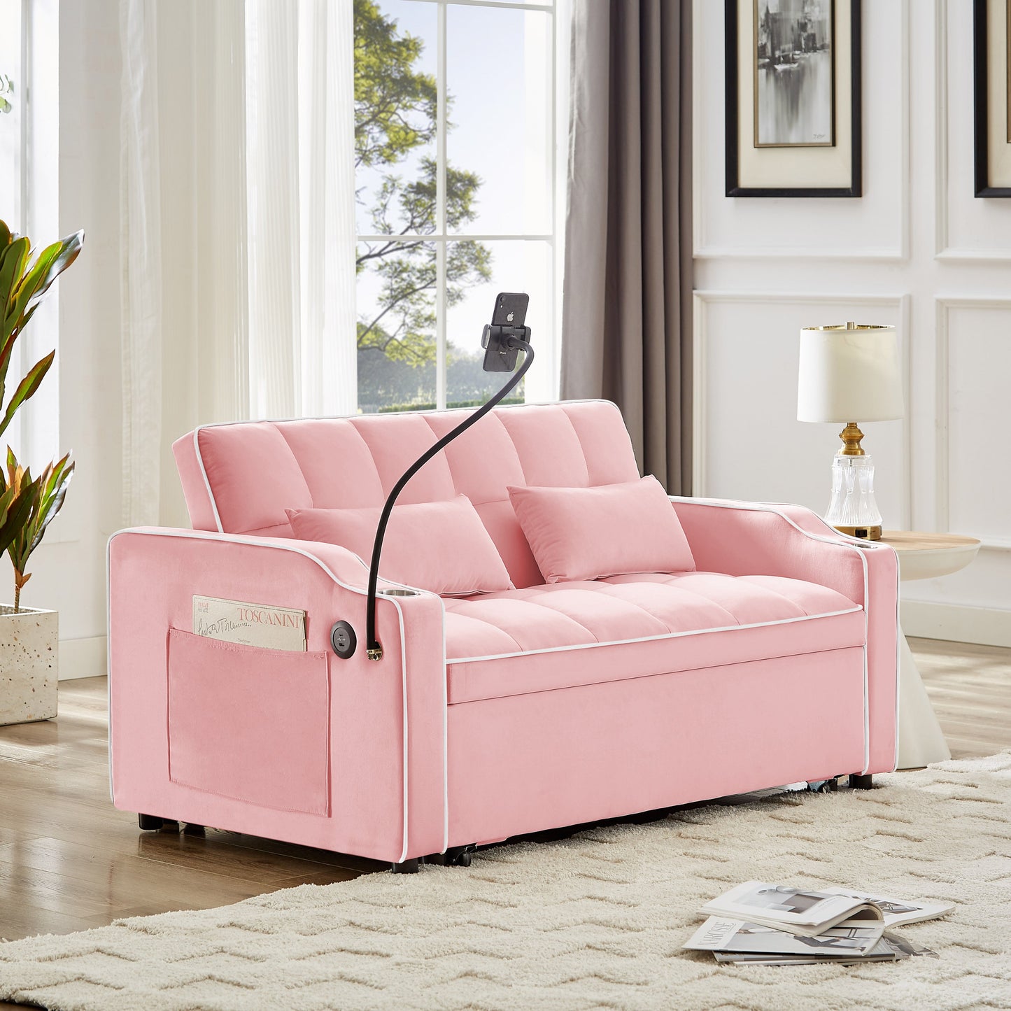 NEW 1 versatile foldable sofa bed in 3 lengths, modern sofa sofa sofa velvet pull-out bed, adjustable back and with USB port and ashtray and swivel phone stand (pink)