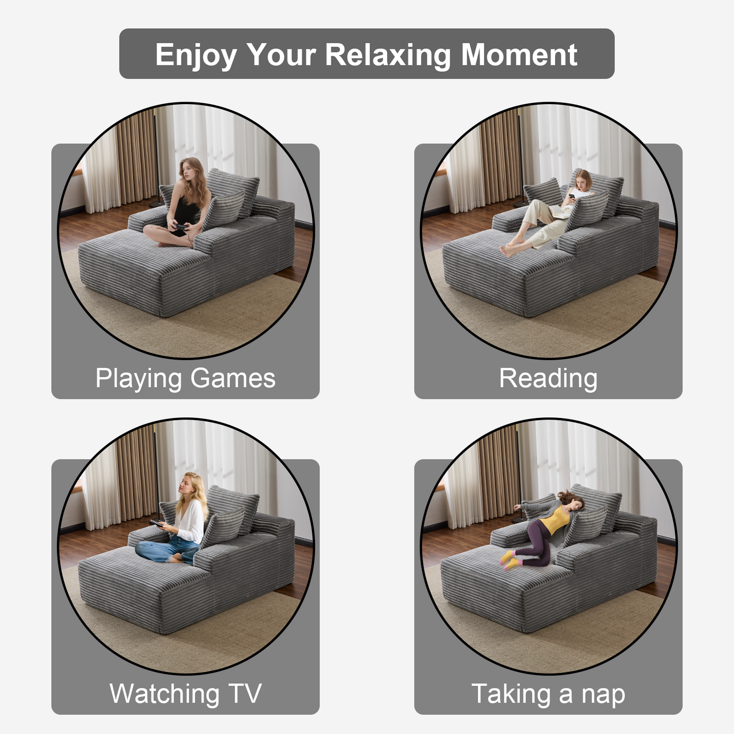 NEW Grey Oversized Chaise Lounge Chair Cozy Cloud Couch Modern Plush Corduroy Upholstered Sleeper Sofa Daybed with 3 Throw Pillows and Wide Armrest