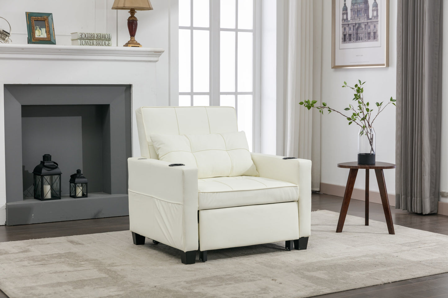 NEW Futon Chair Bed Convertible Chair 3-in-1 Pull Out Sleeper Chair Beds with USB Ports,Wear-resistant and Anti-scratch,  Armchair Bed Sleeper for Living Room (White Leather)