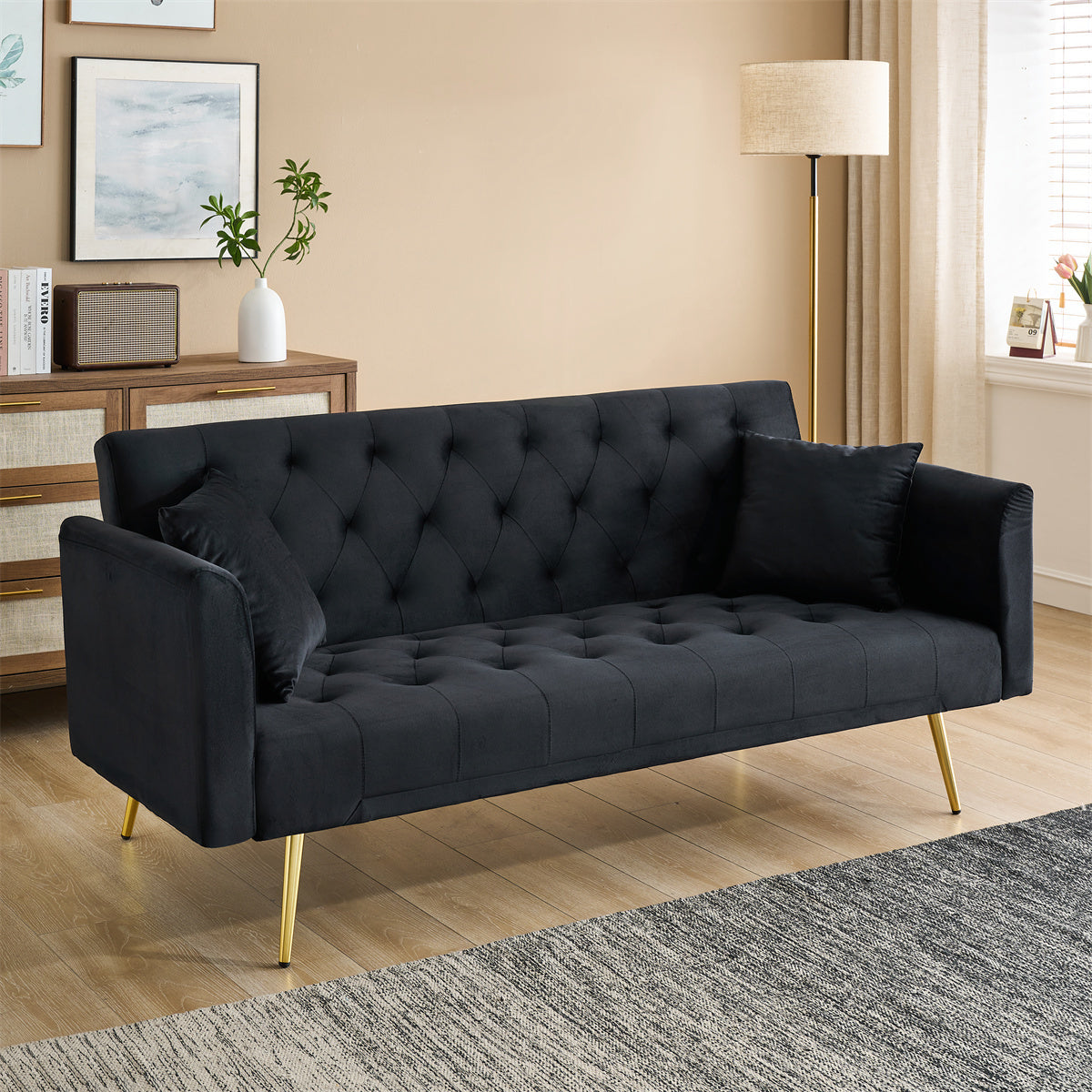 NEW 71-inch American Retro Style Black Velvet Foldable Double Sofa