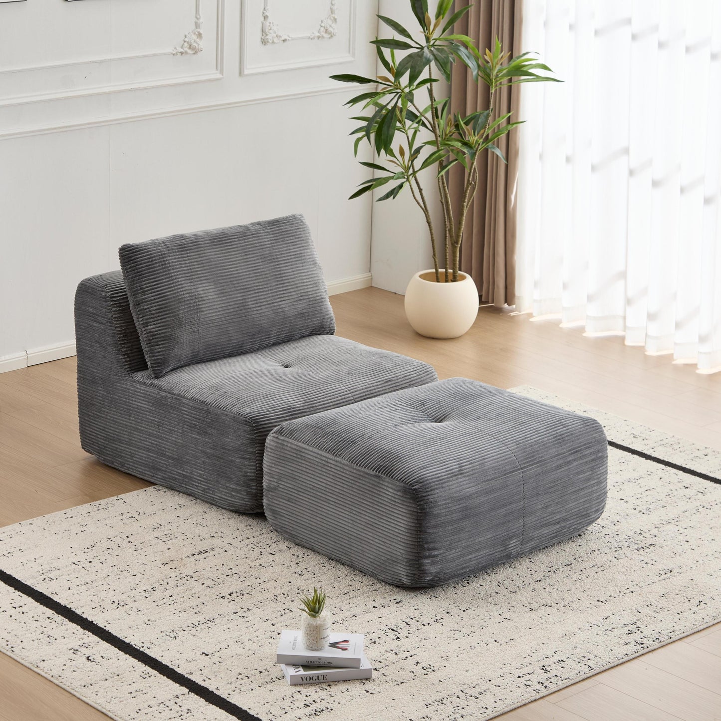NEW Grey Single Corduroy Chaise Lounge Fabric Modern Memory Foam Compressed Sofa Cloud Modular Sectional Movable Ottoman