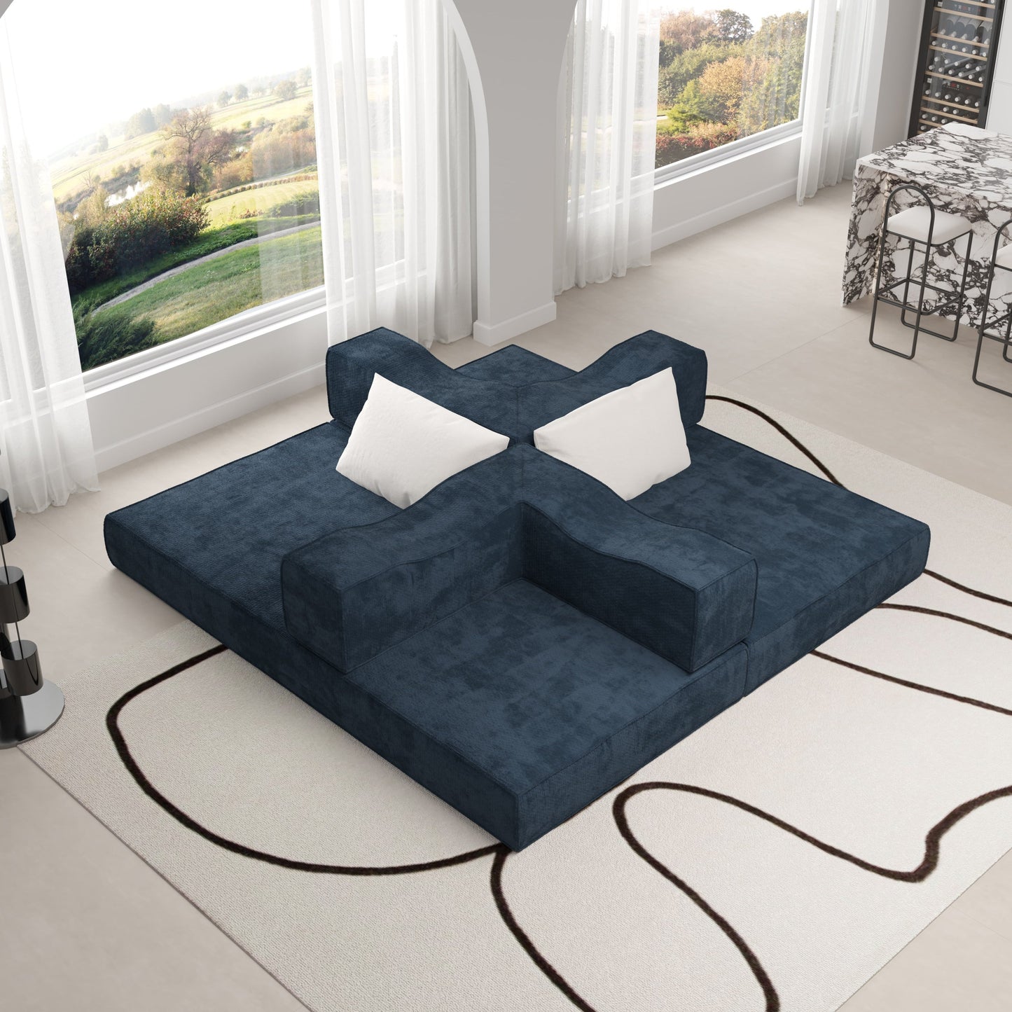 NEW 80' Convertible Couch Bed with 2 Pillows, 3-Seat Folding Floor Couch & King Size Bed Mattress, DIY Combination,Chenille,Blue