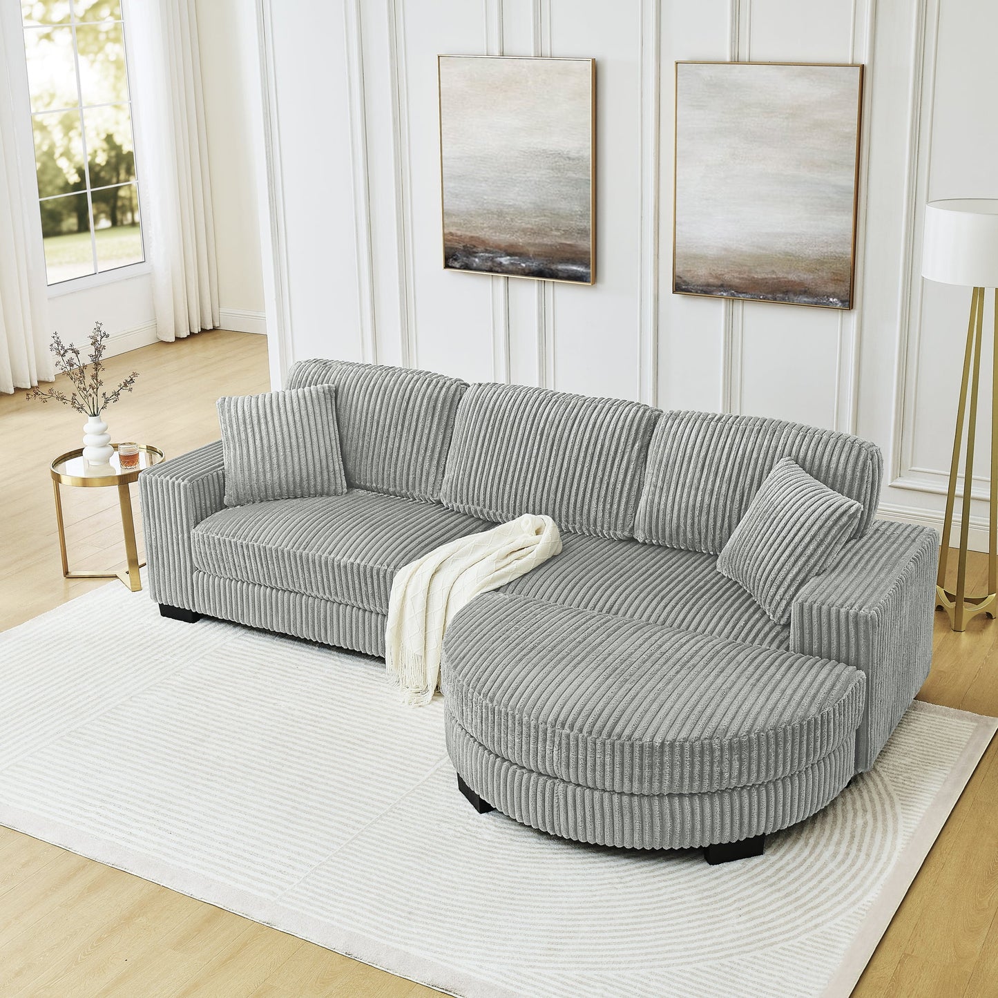 NEW Corduroy Tufted Upholstered Sleeper Sectional L-Shaped Modular Convertible Sofa with Arc-Shaped Footstool