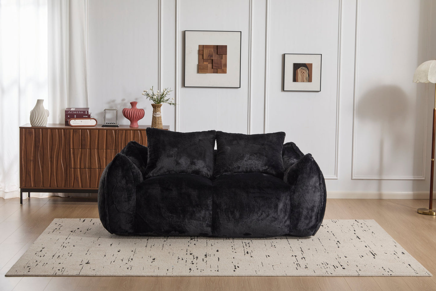 NEW Giant Bean Bag Couch for Adults, Ultra Soft Fluffy Loveseat Bean Bag Sofa, Oversized Chase Lounge Chair Indoor for Living Room Bedroom, No Assembly Required Cozy Reading Chair with Pillows, Black