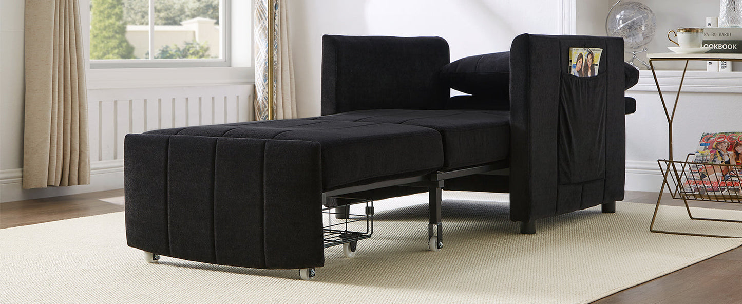 NEW Black Chenille Upholstered Convertible Sleeper Sofa with 5-Position Backrest Side Pockets Storage