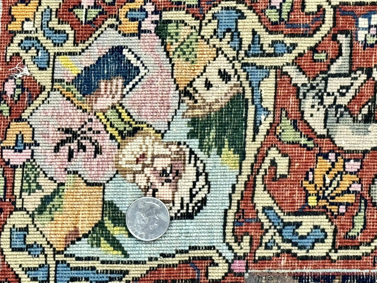 USED Wonderful Persian Kashan Pictorial Rug 4.7 x 6.5, Persian Rug for Wall Hanging, Handmade Antique Wool Carpet Animal Motifs Poetry Lovers, 240 KPSI