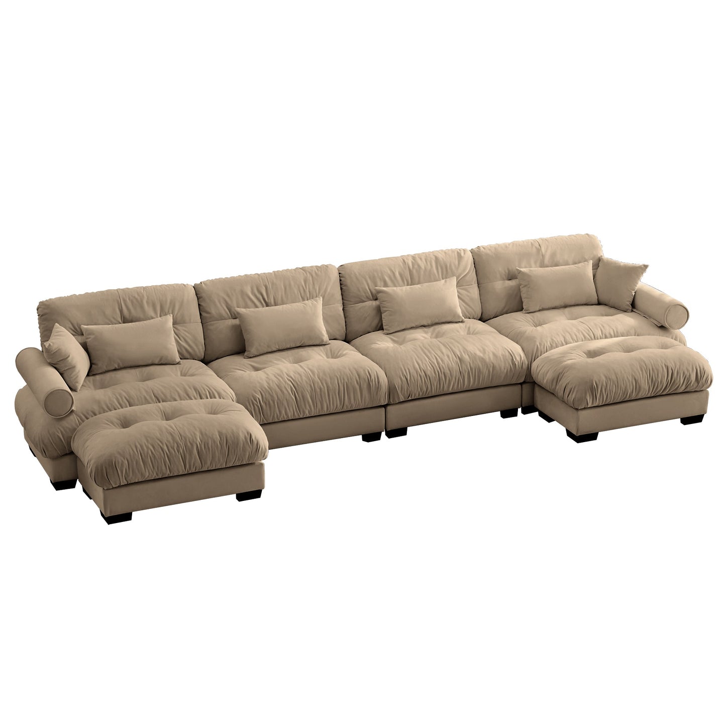 NEW Modern Velvet U Shaped Sectional Sofa Cloud Couch with Movable Ottomans and Bolstered Armrests in Camel
