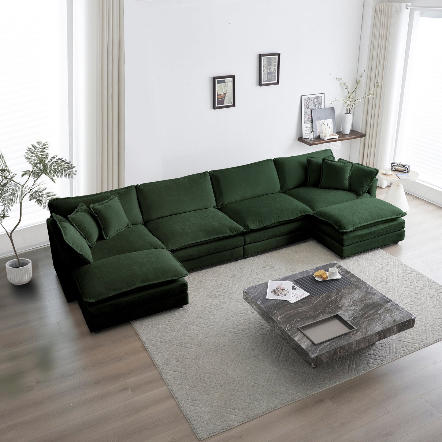 NEW Green Chenille Comfort Modular Large U-Shape Sectional Sofa Couch with Reversible Chaise Double Extra Ottomans