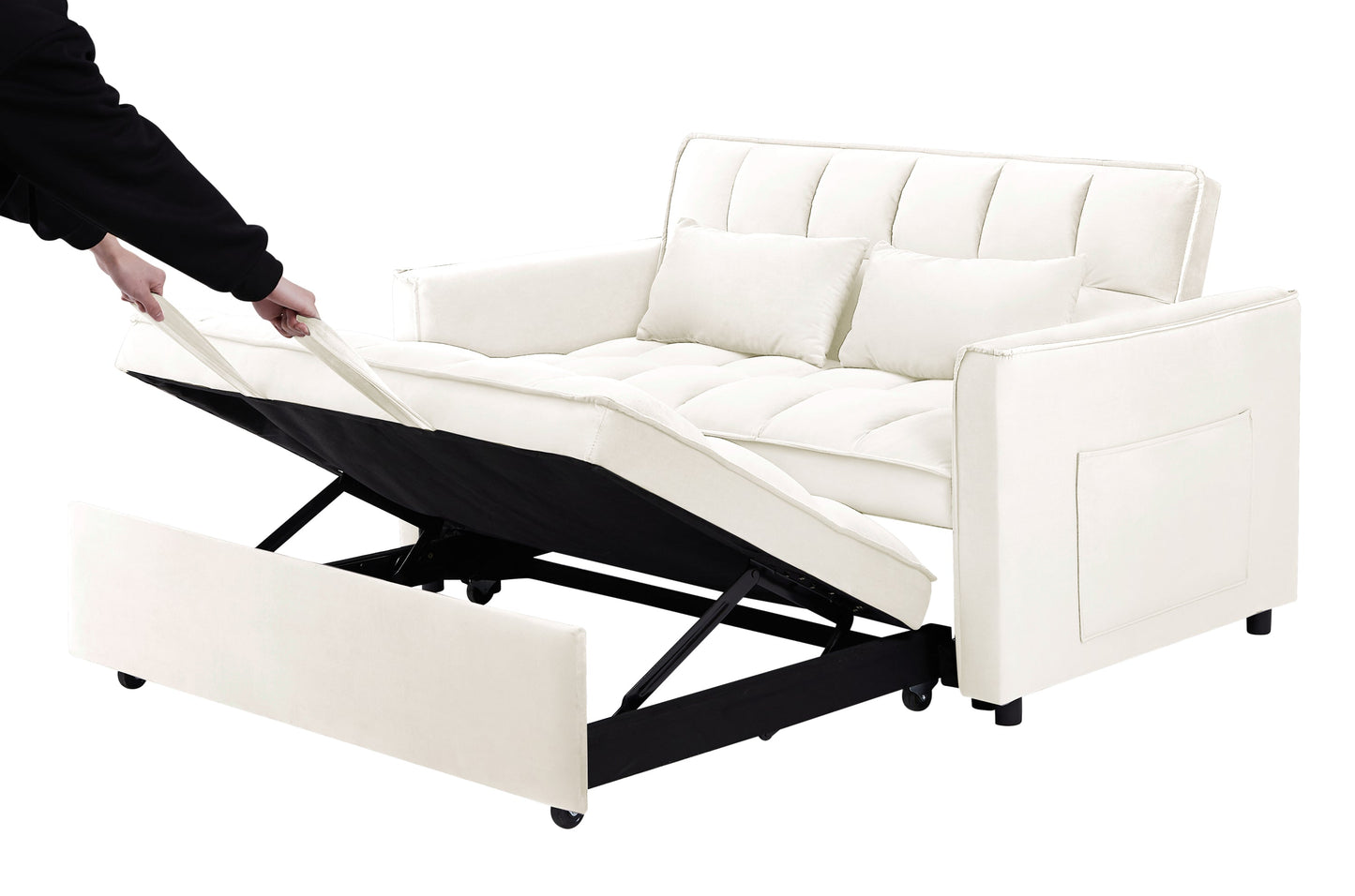 NEW 55.1-inch 3-in-1 Off White Convertible Modern Velvet Double Sofa Futon Bed with Adjustable Back Storage Bag and Pillow