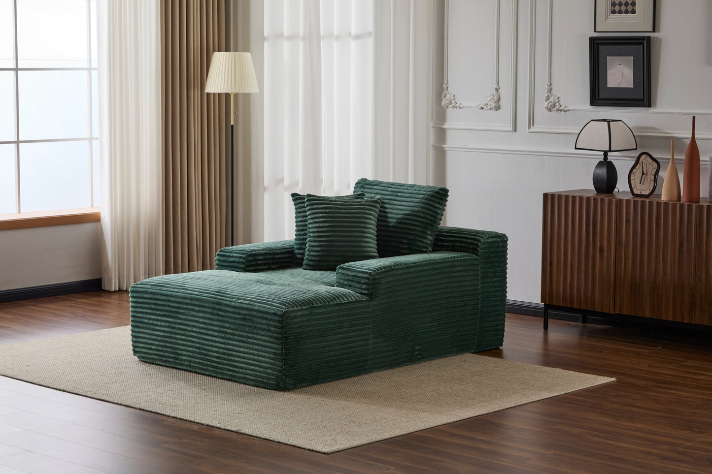 NEW Oversized Chaise Lounge Chair Cozy Cloud Couch Modern Plush Green Corduroy Upholstered Sleeper Sofa Daybed with 3 Throw Pillows and Wide Armrest