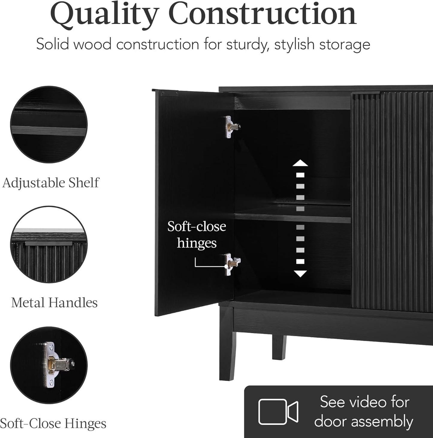 NEW Black Two Door Modern Entryway Storage Cabinet Reeded Doors