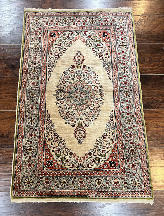 USED Silk Turkish Kayseri Rug 2x3, Very Finely Hand Knotted, Semi Open Field, Vintage, Silk Pile on Silk Foundation, 300 KPSI