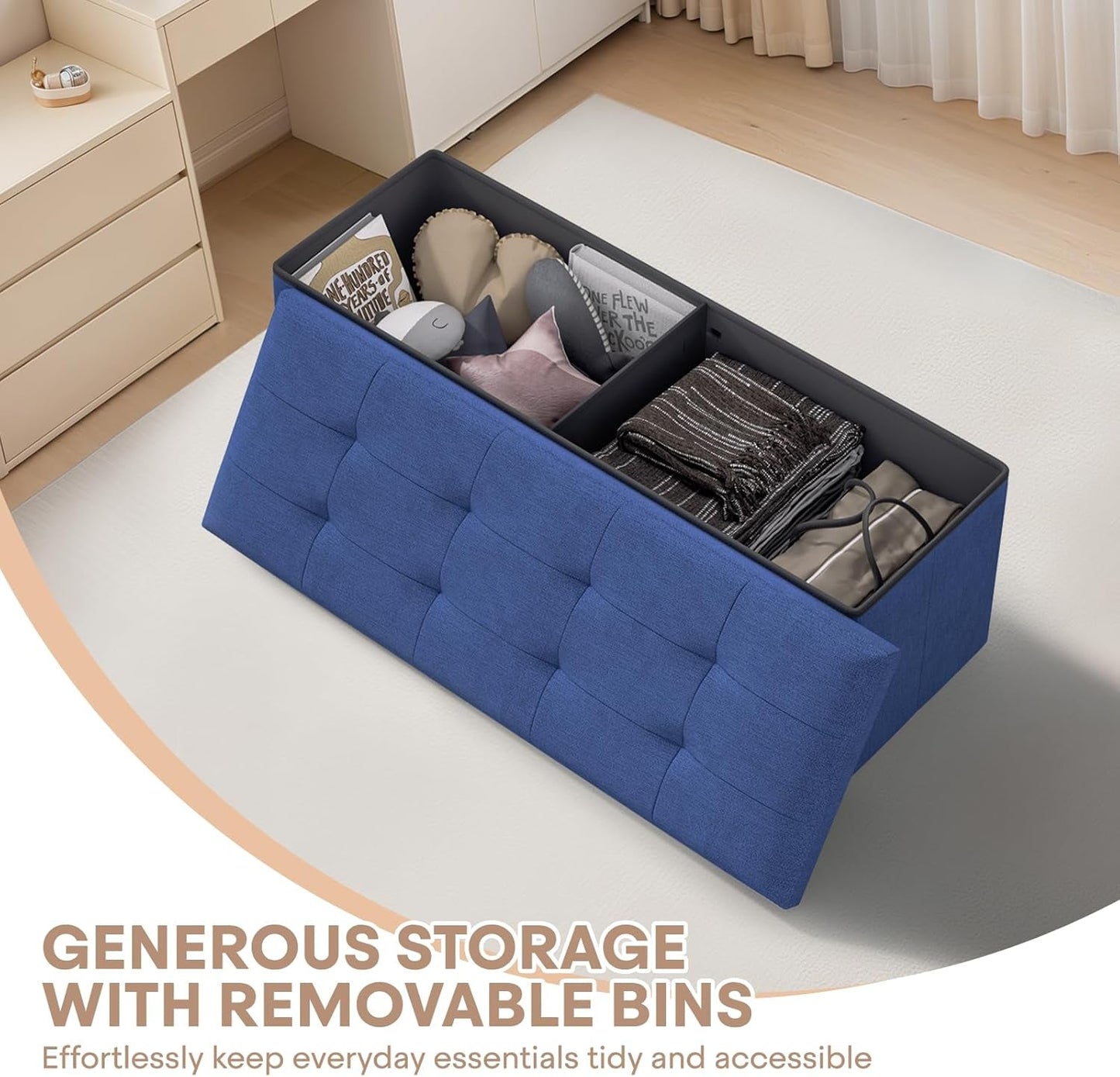 NEW Navy Blue Folding Storage Ottoman Organizer 43Inch