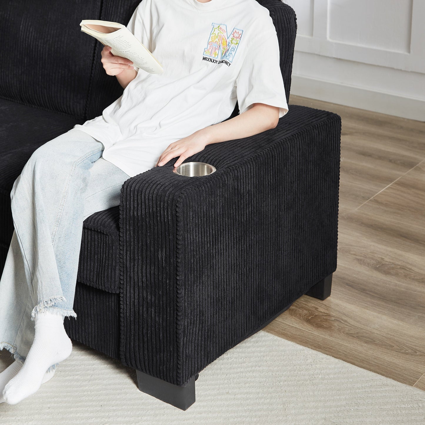 New Modern Corduroy Fabric Sofa, 3-Seater Compressed Couch