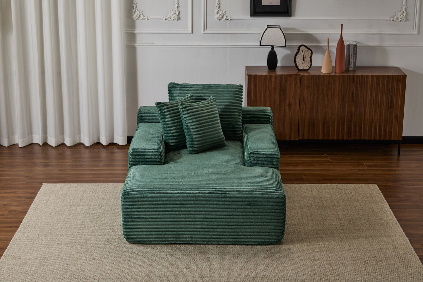 NEW Oversized Chaise Lounge Chair Cozy Cloud Couch Modern Plush Green Corduroy Upholstered Sleeper Sofa Daybed with 3 Throw Pillows and Wide Armrest