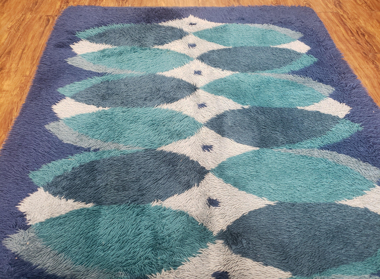 USED Blue Rya Rug, 1960s Mid-Century Modern Danish Shag Rug 4'6" x 6'7", Ege Rya, Abstract