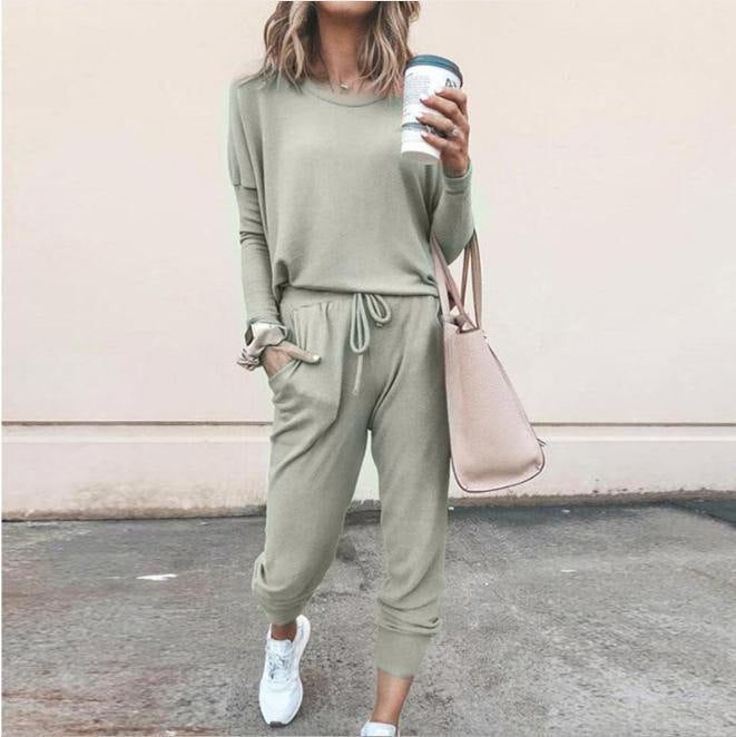 New Women's Long Sleeve Suit Fashion Pullover Top And Pockets Drawstring Long Pants Solid Color Casual Sports Trouser Suit Clothing