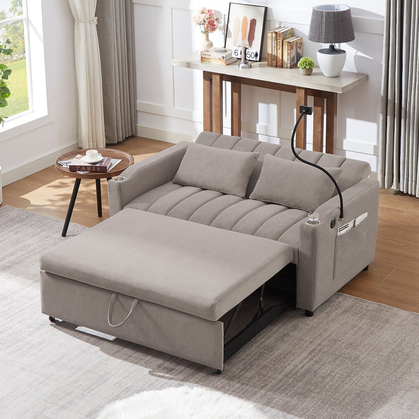 NEW Convertible Sofa Bed Loveseat with USB Ports, Side Pockets, Cup Holders & Swivel Phone Holder, Light Grey Bella Fabric