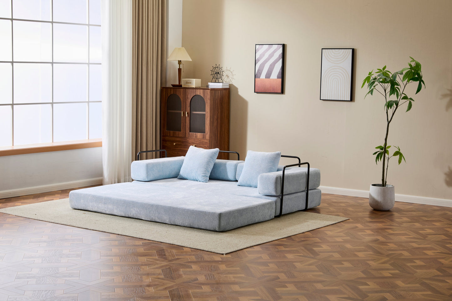 NEW Light Blue Chenille Fabric Floor Couch Compression Convertible Sofa Bed with Pillow Back Support Armrest Comfy Futon Couch Lounge Sleeper Bed