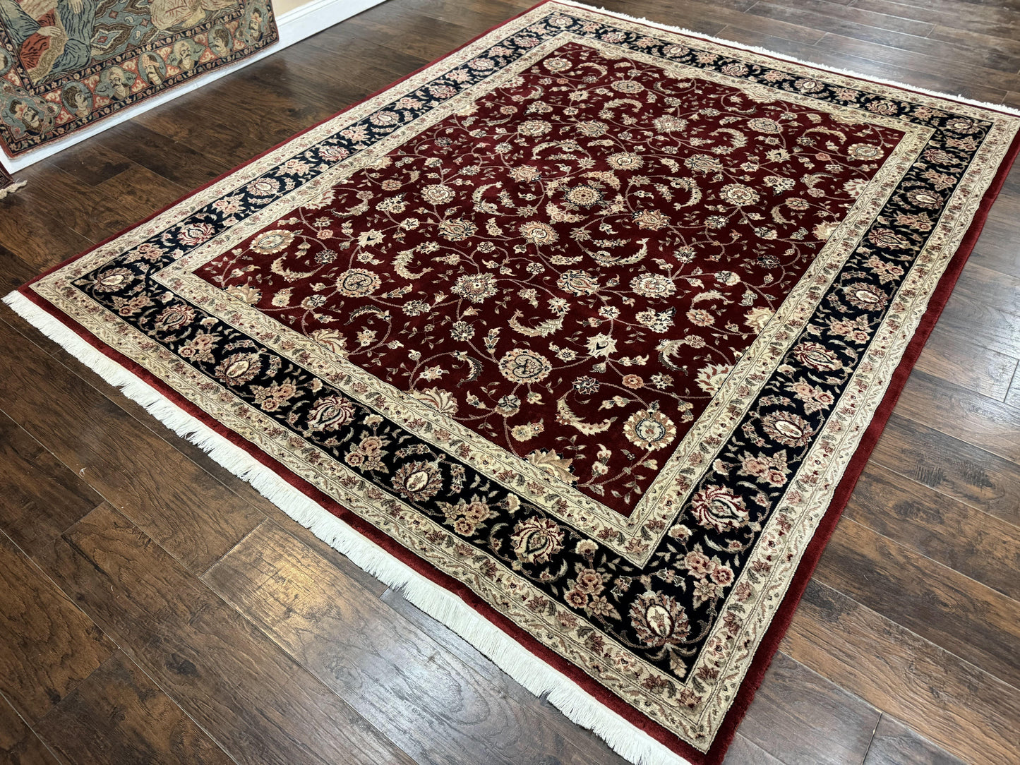 USED Maroon Persian Area Rug 8x10, Floral Allover, Pak Persian, Wool and Silk Highlights, Traditional Oriental Carpet
