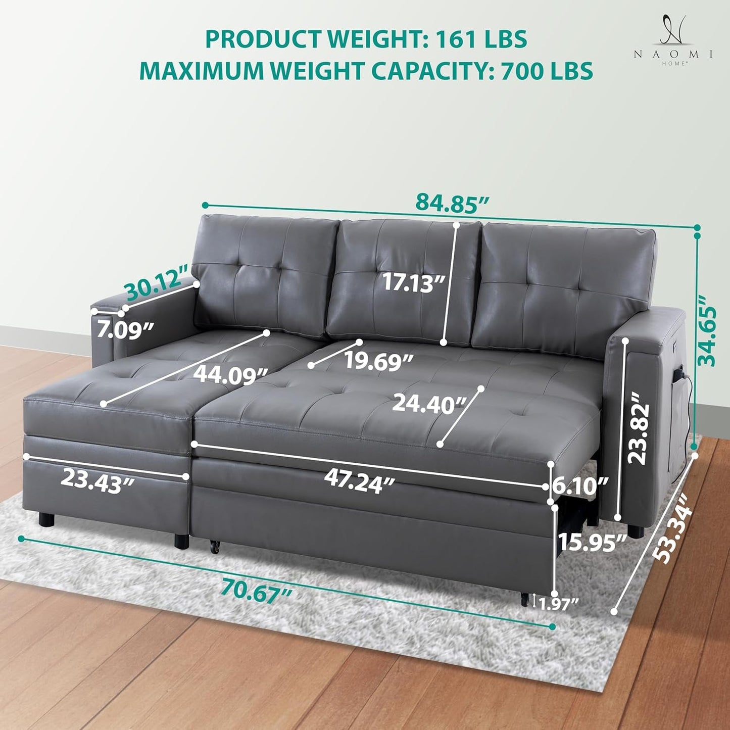 NEW L Shaped Sectional Sleeper Sofa With USB Ports Gray Leather
