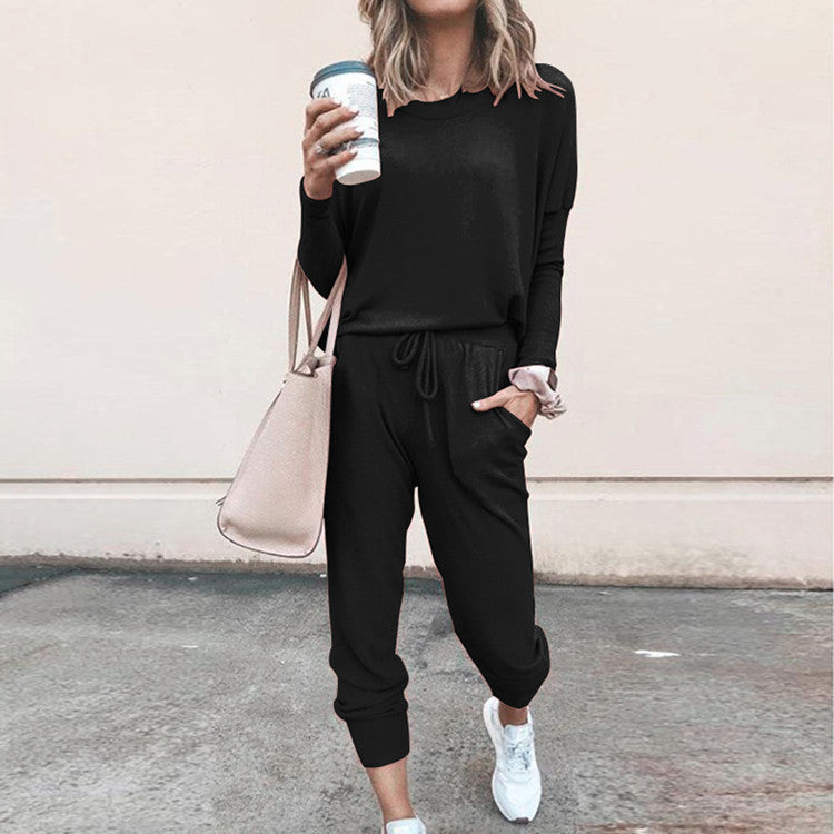 New Women's Long Sleeve Suit Fashion Pullover Top And Pockets Drawstring Long Pants Solid Color Casual Sports Trouser Suit Clothing