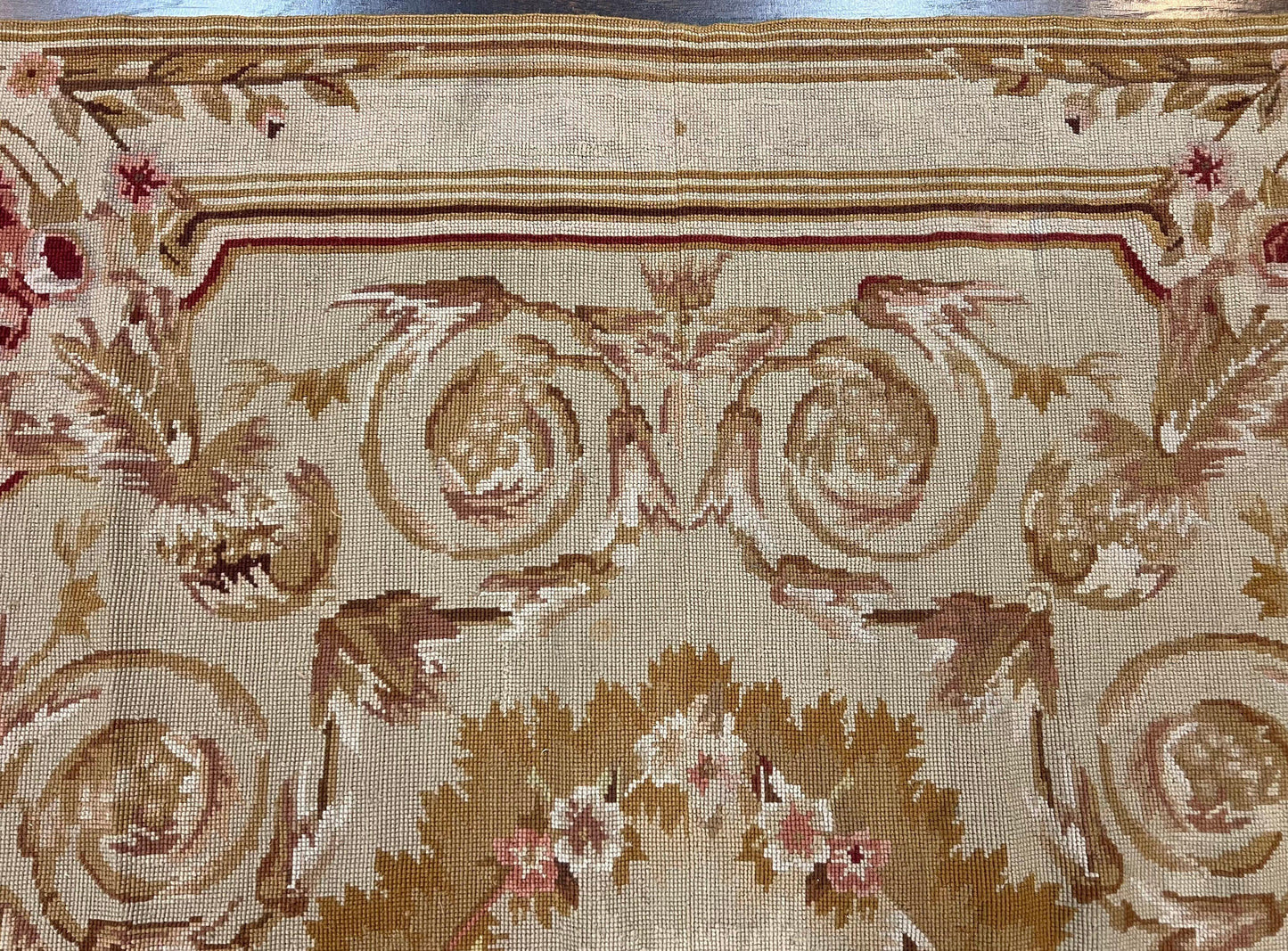 USED Aubusson Needlepoint Rug 4x5 ft, Beige and Tan, Aubusson Savonnerie Vintage Carpet, Handwoven Handmade Wool Rug, European Design Floral Rose