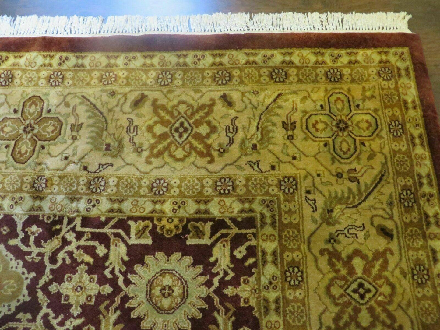 USED Indian Agra Rug 10x14 Vintage Handmade Larastan Wool Carpet Maroon Floral