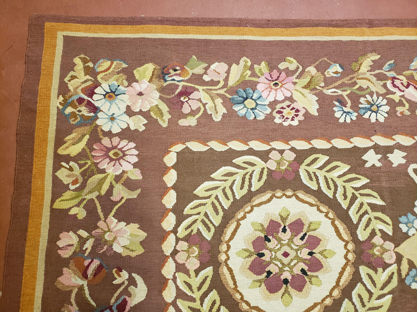USED Aubusson Rug 6 x 9 Flat Weave Area Carpet European Design Flowers New Brown Rug Handmade Wool Hand-Knotted Aubusson Weave Medium Rug 6x9
