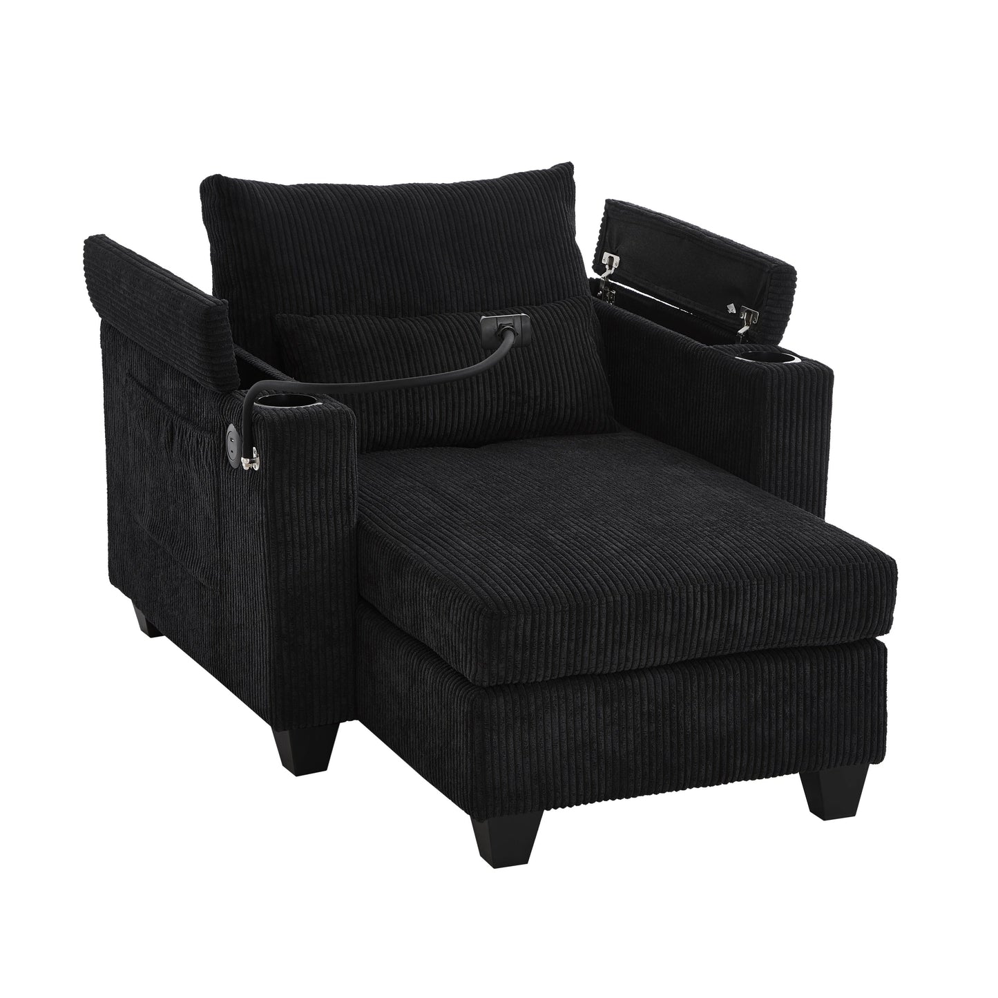 NEW Convertible Chaise Lounge Sofa Chair Bed with USB Ports, Cup Holders & Storage, Black Corduroy, 37.4'