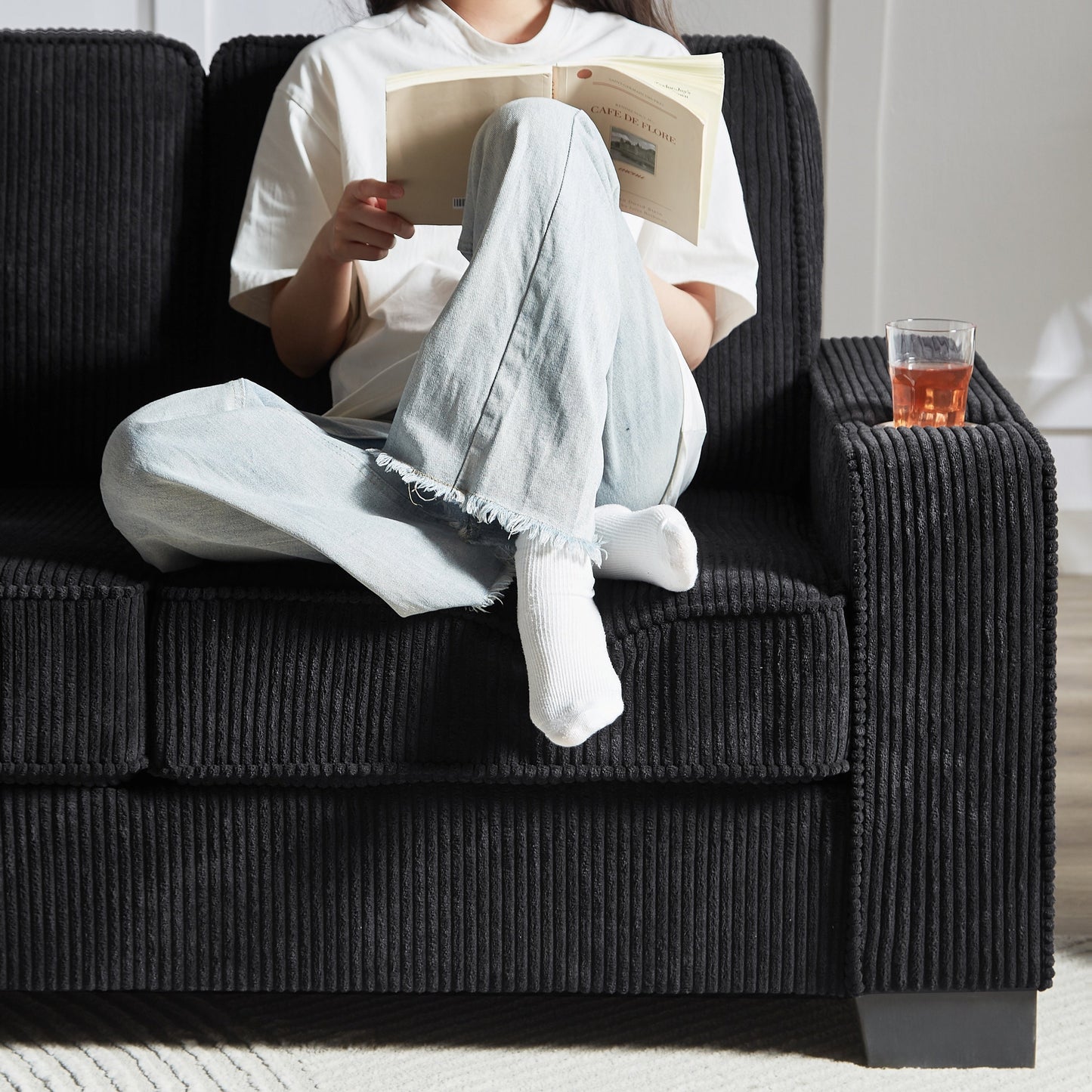 New Modern Corduroy Fabric Sofa, 3-Seater Compressed Couch