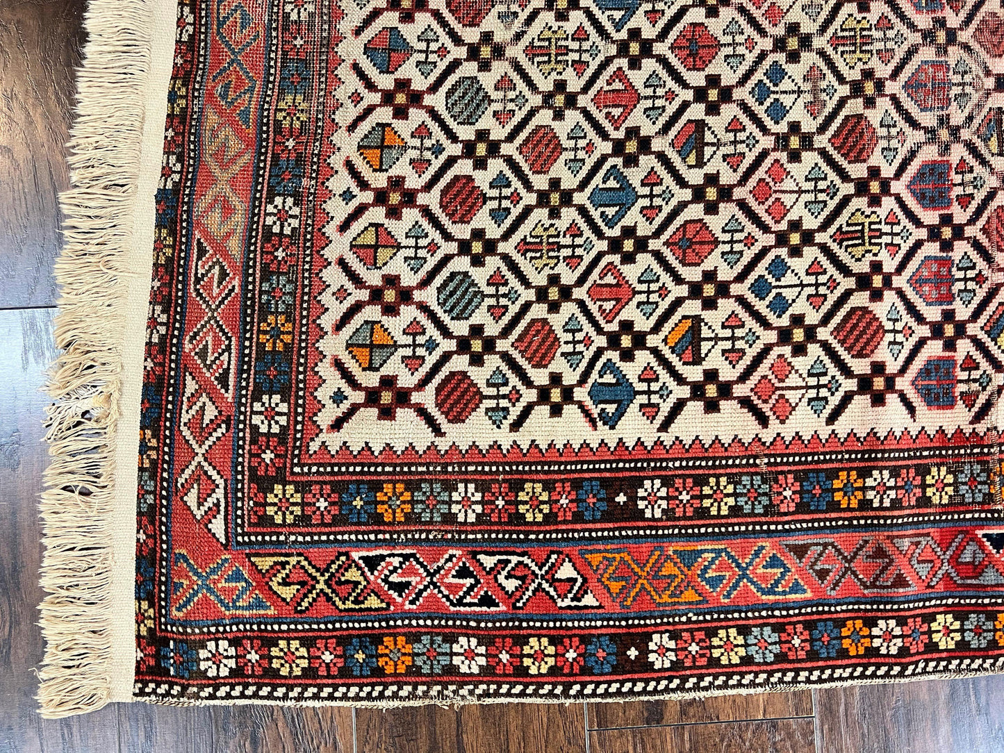 USED Antique Caucasian Rug 4x5, Hand Knotted Handmade Shirvan Oriental Carpet, Ivory Red Rug Allover Pattern, Rare Wool Rug, Tribal Geometric Rug