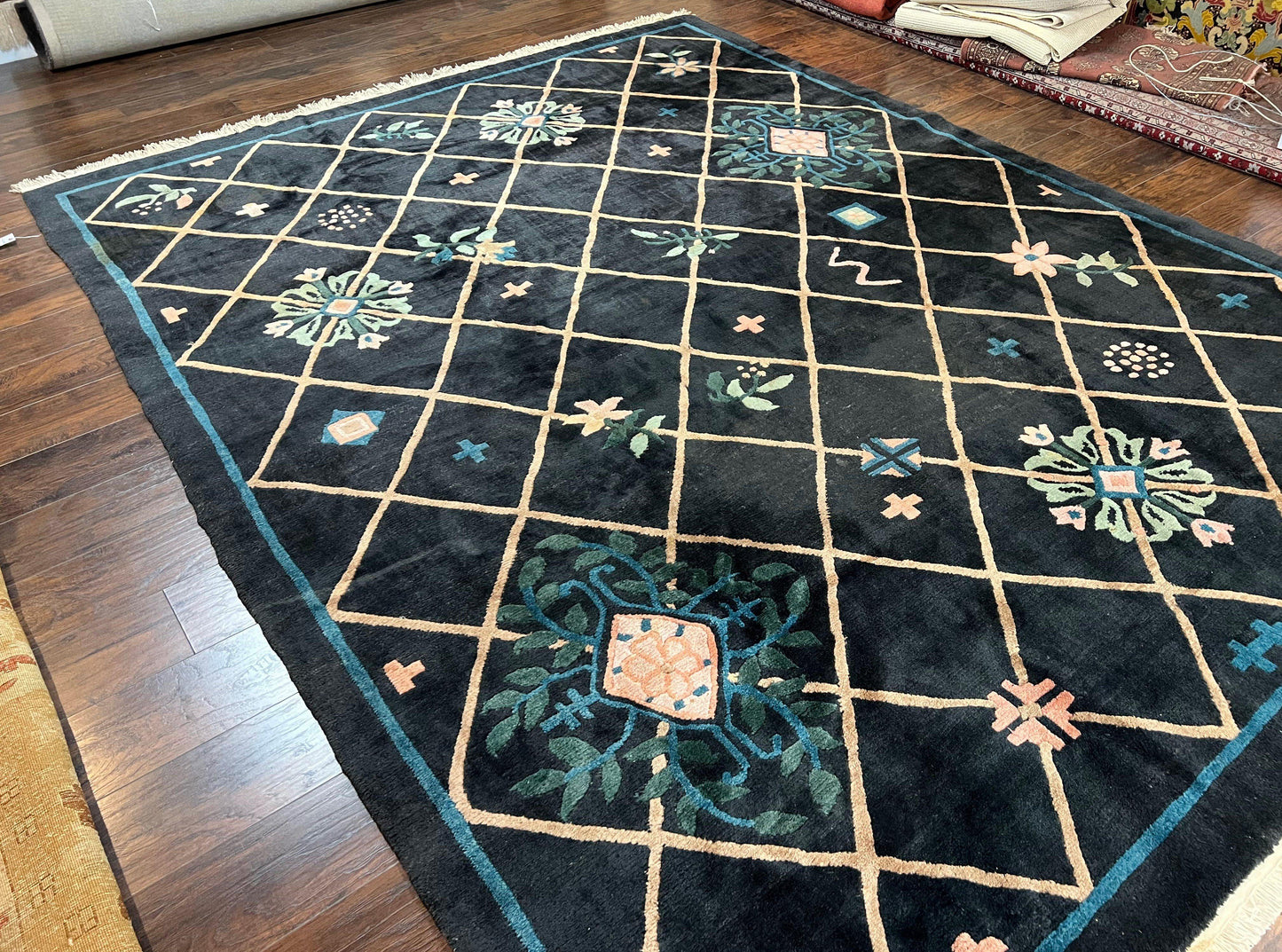 USED Tibetan Rug 9x12, Hand Knotted Tibet Nepali Contemporary Carpet 9 x 12 ft, Black and Tan, Handmade Area Rug Room Sized, Nepalese Rug