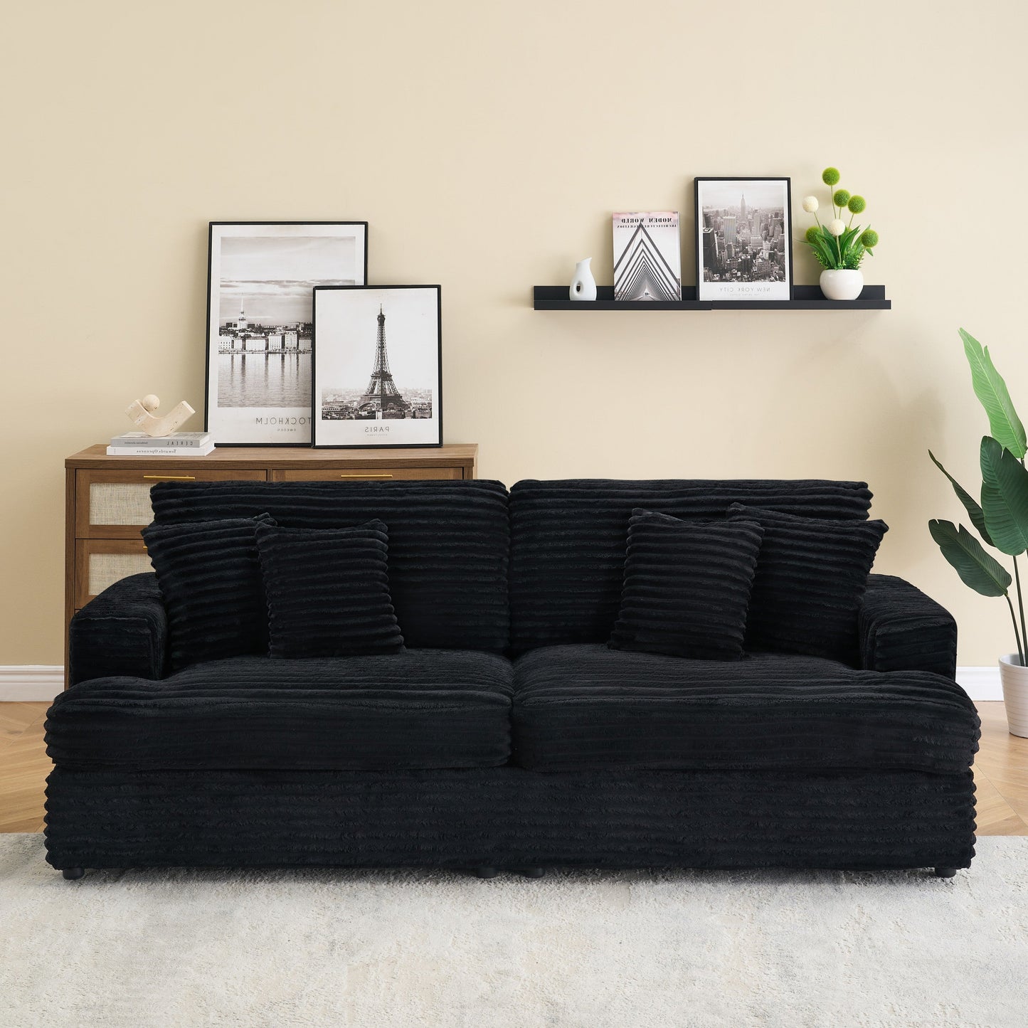 NEW 79.3 'long, corduroy sofa with 4 matching pillows, stylish design spacious and comfortable 3-seater sofa suitable for modern living room, black