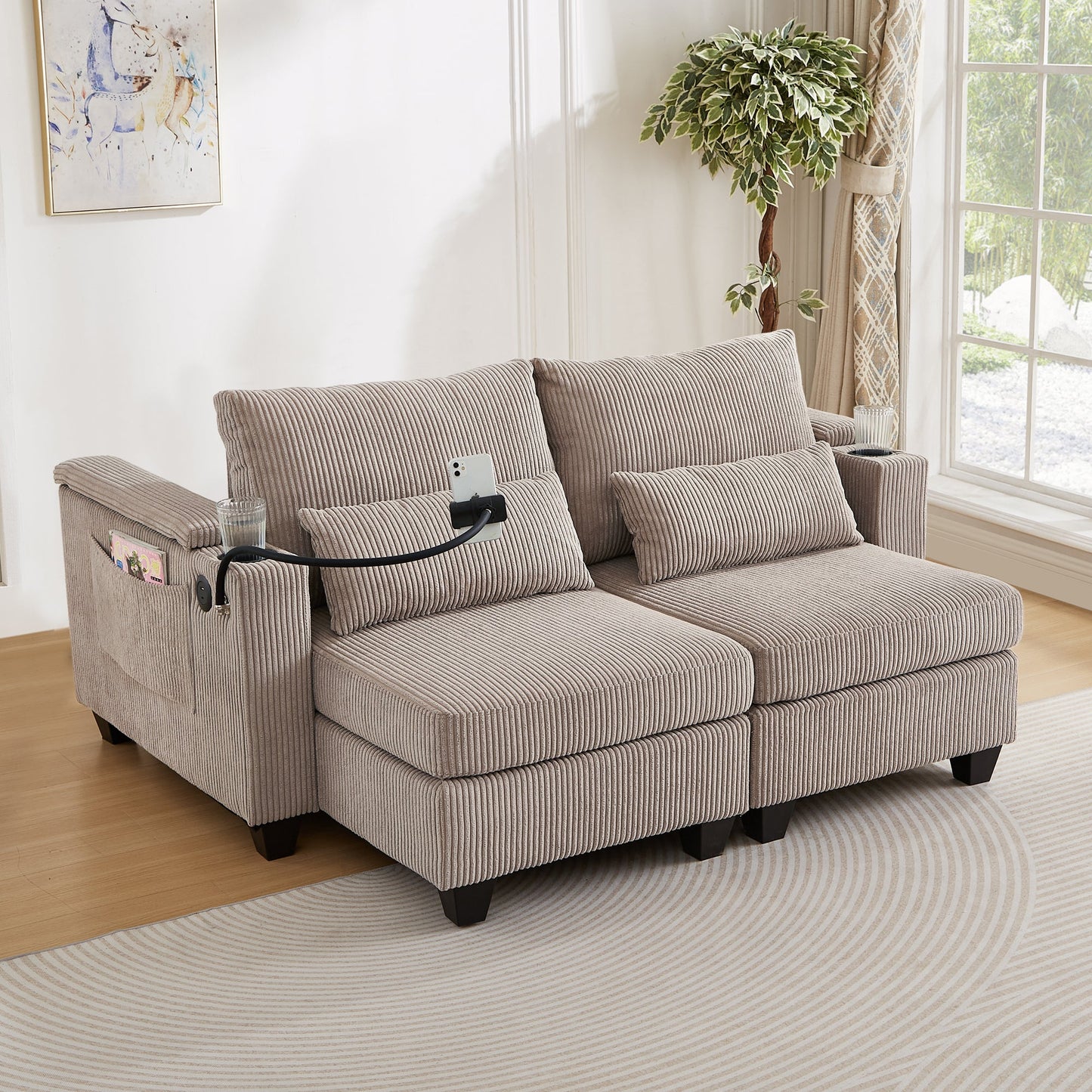 NEW Convertible Chaise Lounge 63' Loveseat Sofa Bed with USB Ports, Cup Holders, Phone Holder, Storage, Brown Corduroy