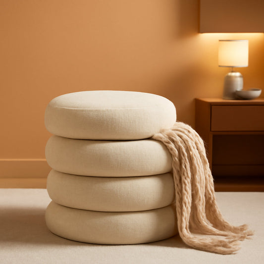 NEW Beige Linen Upholstered Round Storage Ottoman Removable Lid