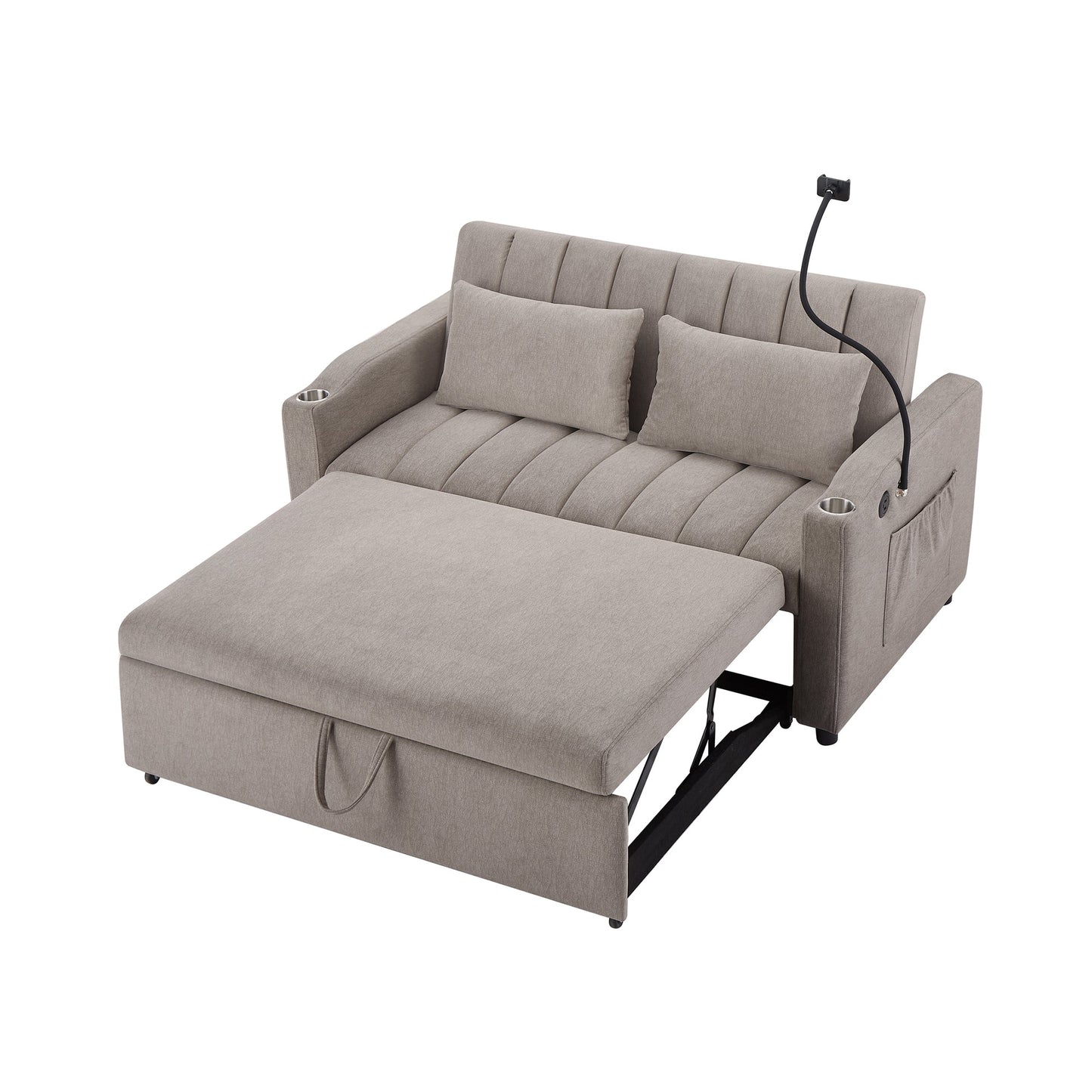 NEW Convertible Sofa Bed Loveseat with USB Ports, Side Pockets, Cup Holders & Swivel Phone Holder, Light Grey Bella Fabric