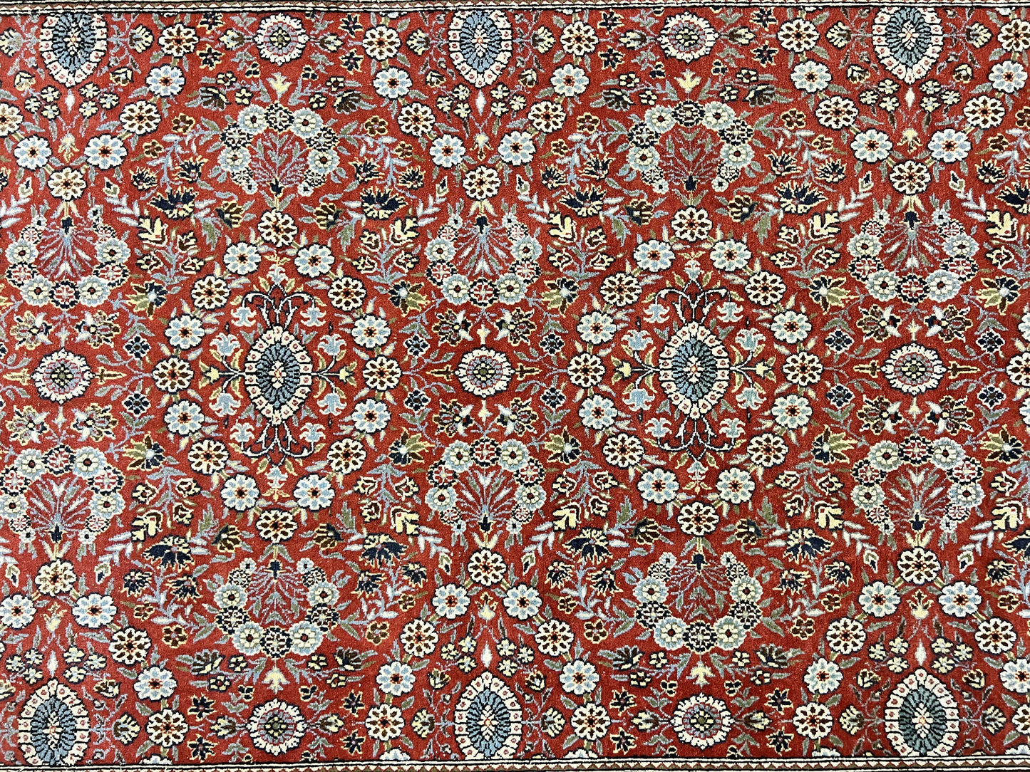 USED Red Persian Qum Rug 5 x 7.6, Hand Knotted Vintage Wool Fine Carpet 270 KPSI, Floral Allover