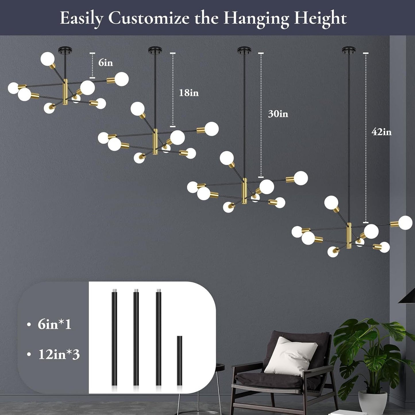 NEW Eight Light Modern Sputnik Chandelier Black And Gold