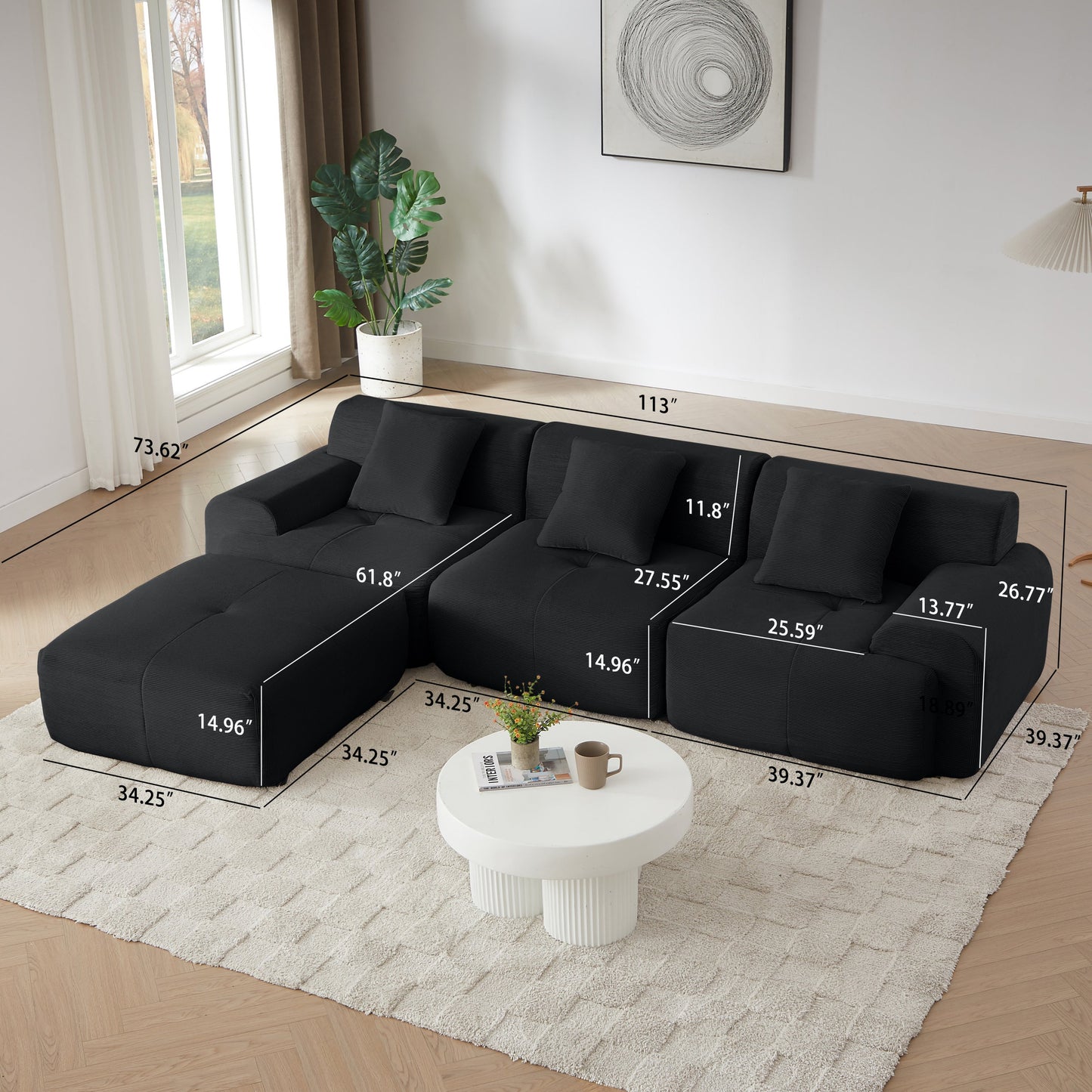 NEW Modern L-Shaped Modular Sectional Sofa in Black Corduroy 113' Oversized 3-Seater Couch with Deep Seat and Movable Ottoman